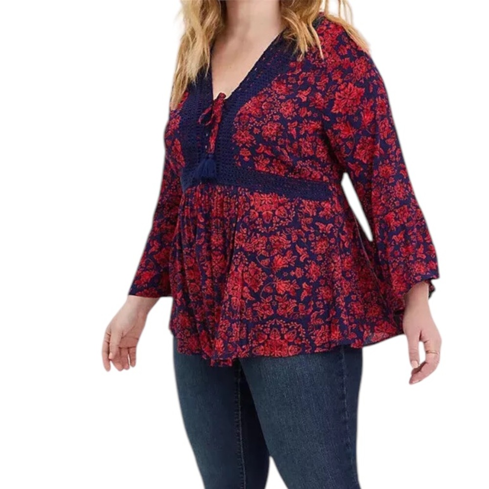 Torrid Babydoll Gauze Crochet Trim Lace Up Top Plus Size